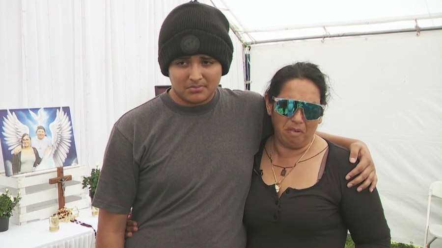 The siblings' mother Karen Perez (on right)  is grieving the loss of her two children. (KTLA)