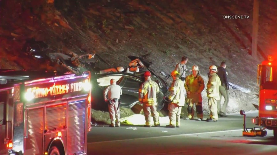 Emergency crews respond to a deadly crash on the 60 Freeway in Chino on April 7, 2025. (OnScene.TV)