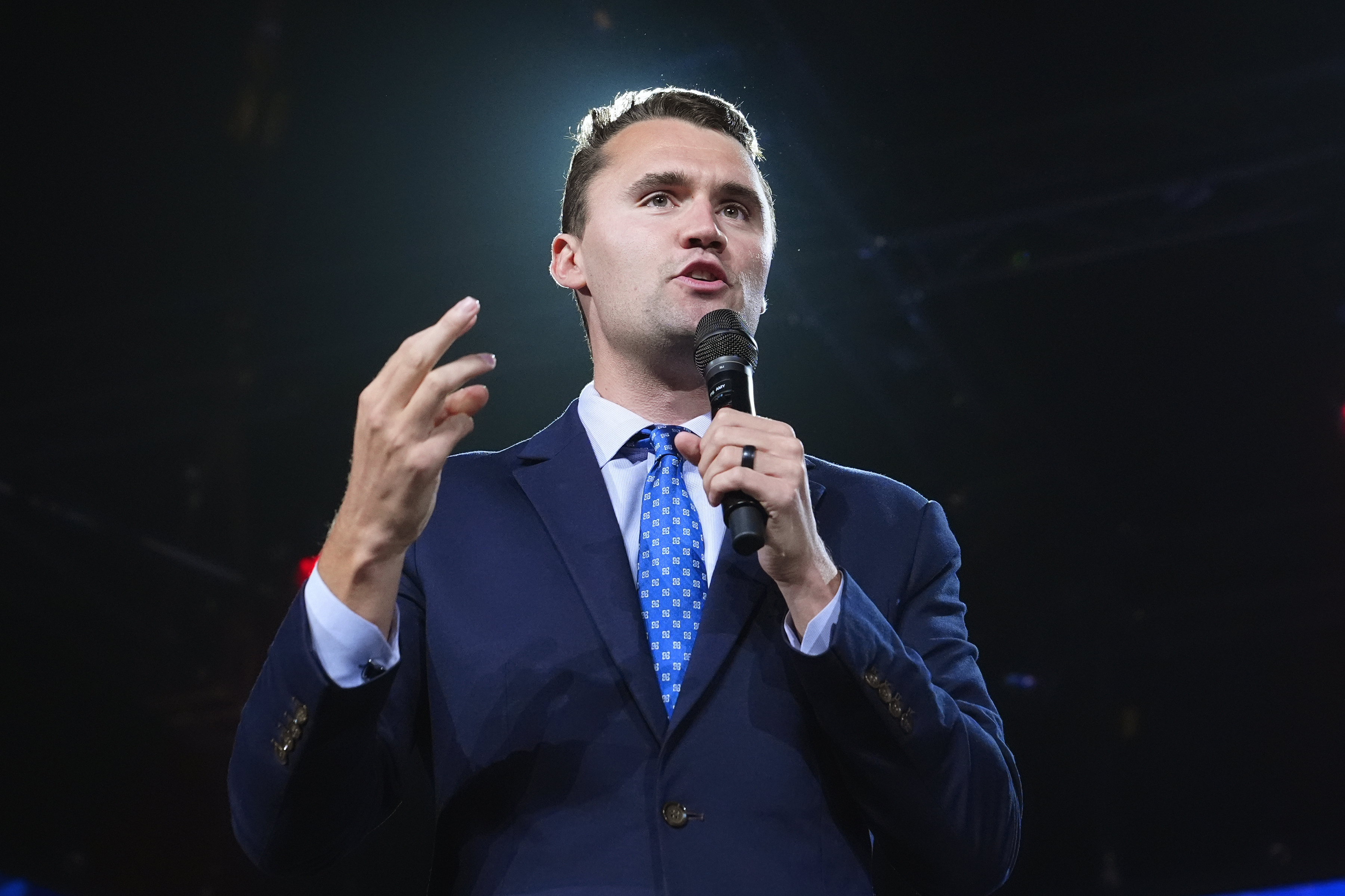 FILE - Turning Point USA Founder Charlie Kirk speaks at a Turning Point event prior to Republican vice presidential nominee Sen. JD Vance, R-Ohio, speaking, Sept. 4, 2024, in Mesa, Ariz. (AP Photo/Ross D. Franklin, File)